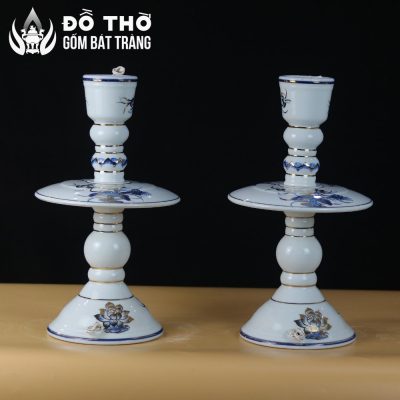 Cặp Chân Đèn Nến Thờ Men Lam Vẽ Vàng Kim Họa Tiết Hoa Sen DT-CD01 - Chi tiết 6