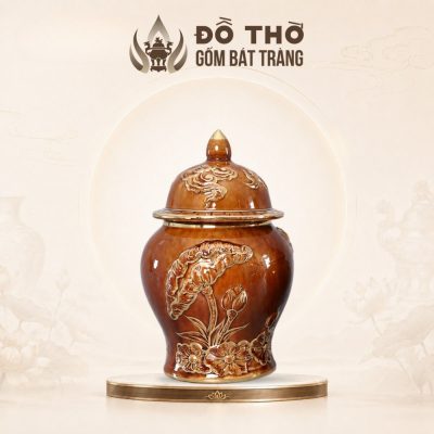 Chóe Thờ Men Hoàng Thổ Đắp Nổi Hoa Sen Vẽ Vàng Bát Tràng DT-CT04 - Ảnh đại diện