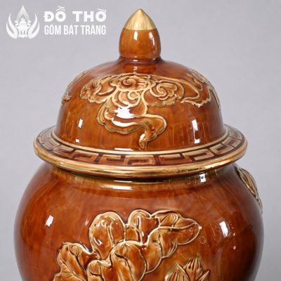 Chóe Thờ Men Hoàng Thổ Đắp Nổi Hoa Sen Vẽ Vàng Bát Tràng DT-CT04 - Chi tiết 1