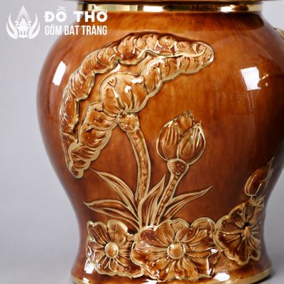 Chóe Thờ Men Hoàng Thổ Đắp Nổi Hoa Sen Vẽ Vàng Bát Tràng DT-CT04 - Chi tiết 2
