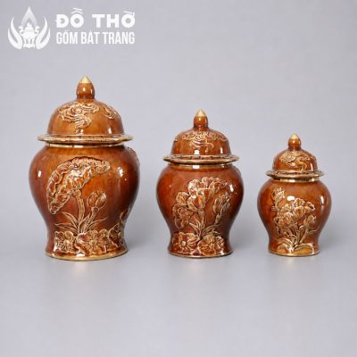 Chóe Thờ Men Hoàng Thổ Đắp Nổi Hoa Sen Vẽ Vàng Bát Tràng DT-CT04 - Chi tiết 3