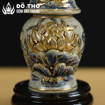 Choé Thờ Men Rạn Đắp Nổi Hoa Sen Vẽ Vàng Bát Tràng DT-CT03 - Chi tiết 3