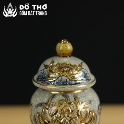 Choé Thờ Men Rạn Đắp Nổi Hoa Sen Vẽ Vàng Bát Tràng DT-CT03 - Chi tiết 4