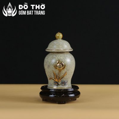 Choé Thờ Men Rạn Đắp Nổi Hoa Sen Vẽ Vàng Bát Tràng DT-CT03 - Chi tiết 6