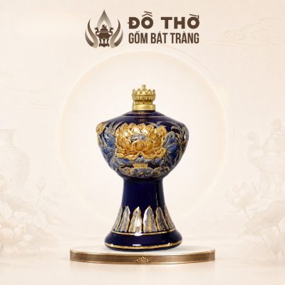 Đèn Dầu Thờ Cúng Men Xanh Coban Vẽ Vàng Họa Tiết Hoa Sen Đắp Nổi DT-DD03 - Ảnh đại diện