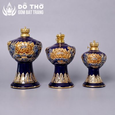 Đèn Dầu Thờ Cúng Men Xanh Coban Vẽ Vàng Họa Tiết Hoa Sen Đắp Nổi DT-DD03 - Chi tiết 1
