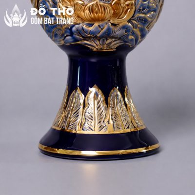 Đèn Dầu Thờ Cúng Men Xanh Coban Vẽ Vàng Họa Tiết Hoa Sen Đắp Nổi DT-DD03 - Chi tiết 4