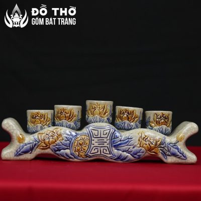 Kỷ 5 Chén Thờ Men Rạn Đắp Nổi Hoa Sen Cổ Bát Tràng DT-KT06 - Chi tiết 3