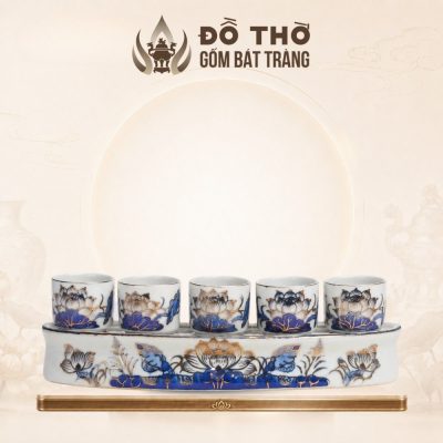 Kỷ Cong 5 Chén Thờ Men Lam Vẽ Vàng Họa Tiết Hoa Sen Bát Tràng DT-KT03 - Ảnh đại diện
