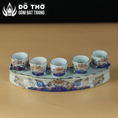 Kỷ Cong 5 Chén Thờ Men Lam Vẽ Vàng Họa Tiết Hoa Sen Bát Tràng DT-KT03 - Chi tiết 2