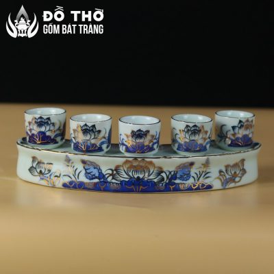 Kỷ Cong 5 Chén Thờ Men Lam Vẽ Vàng Họa Tiết Hoa Sen Bát Tràng DT-KT03 - Chi tiết 3