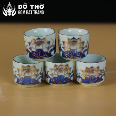 Kỷ Cong 5 Chén Thờ Men Lam Vẽ Vàng Họa Tiết Hoa Sen Bát Tràng DT-KT03 - Chi tiết 6