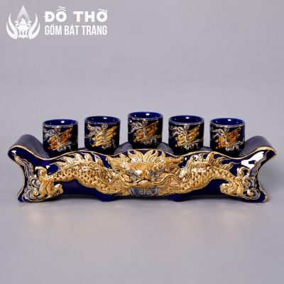Kỷ Ngai 5 Chén Thờ Men Xanh Coban Vẽ Vàng Đắp Nổi Rồng DT-KT05 - Chi tiết 1