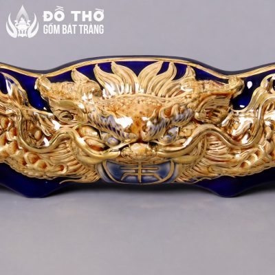 Kỷ Ngai 5 Chén Thờ Men Xanh Coban Vẽ Vàng Đắp Nổi Rồng DT-KT05 - Chi tiết 2
