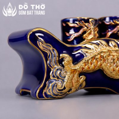 Kỷ Ngai 5 Chén Thờ Men Xanh Coban Vẽ Vàng Đắp Nổi Rồng DT-KT05 - Chi tiết 3