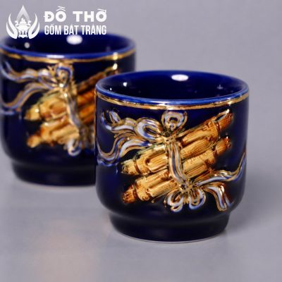 Kỷ Ngai 5 Chén Thờ Men Xanh Coban Vẽ Vàng Đắp Nổi Rồng DT-KT05 - Chi tiết 4