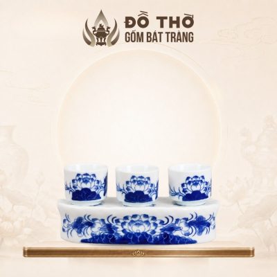Kỷ Nước Thờ 3 Chén Vẽ Hoa Sen Men Lam Cổ Điển Bát Tràng DT-KT01 - Ảnh đại diện