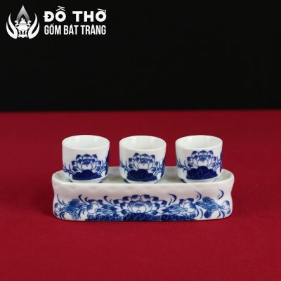 Kỷ Nước Thờ 3 Chén Vẽ Hoa Sen Men Lam Cổ Điển Bát Tràng DT-KT01 - Chi tiết 1