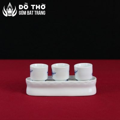 Kỷ Nước Thờ 3 Chén Vẽ Hoa Sen Men Lam Cổ Điển Bát Tràng DT-KT01 - Chi tiết 2
