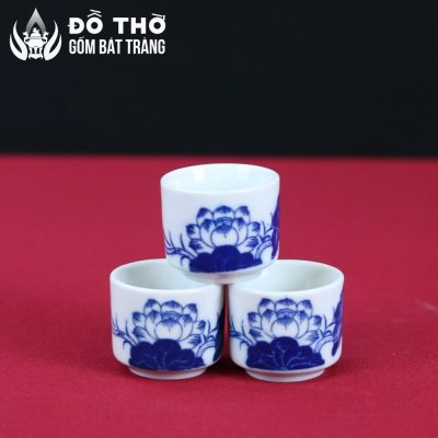 Kỷ Nước Thờ 3 Chén Vẽ Hoa Sen Men Lam Cổ Điển Bát Tràng DT-KT01 - Chi tiết 4