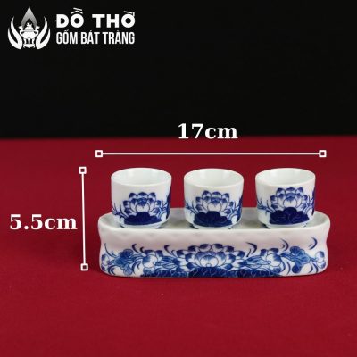 Kỷ Nước Thờ 3 Chén Vẽ Hoa Sen Men Lam Cổ Điển Bát Tràng DT-KT01 - Chi tiết 5