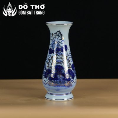 Lọ Hoa Thờ Dáng Huệ Men Lam Vẽ Vàng Họa Tiết Hoa Sen DT-LH01 - Chi tiết 1