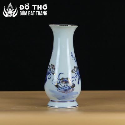 Lọ Hoa Thờ Dáng Huệ Men Lam Vẽ Vàng Họa Tiết Hoa Sen DT-LH01 - Chi tiết 2
