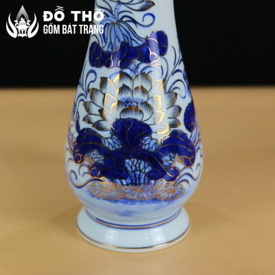 Lọ Hoa Thờ Dáng Huệ Men Lam Vẽ Vàng Họa Tiết Hoa Sen DT-LH01 - Chi tiết 3