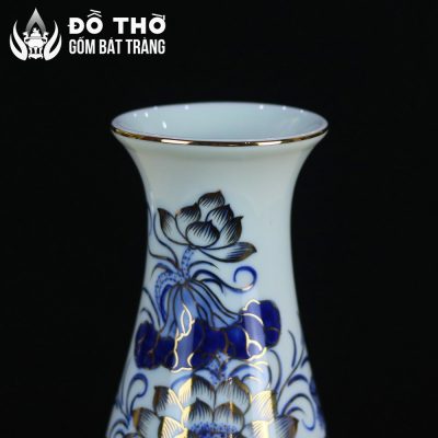 Lọ Hoa Thờ Dáng Huệ Men Lam Vẽ Vàng Họa Tiết Hoa Sen DT-LH01 - Chi tiết 4