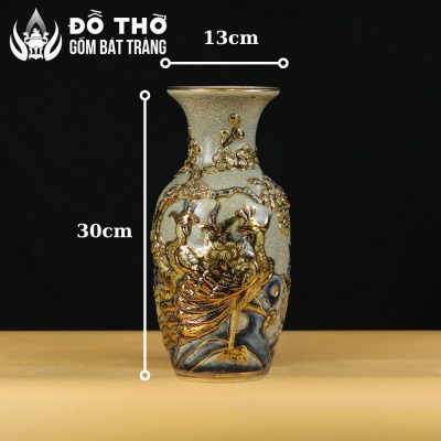 Lọ Hoa Thờ Họa Tiết Công Đào Men Rạn Đắp Nổi Vẽ Vàng DT-LH05 - Chi tiết 8
