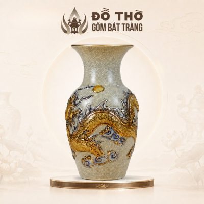 Lọ Hoa Thờ Men Rạn Cổ Đắp Nổi Rồng Vẽ Vàng Bát Tràng DT-LH04 - Ảnh đại diện