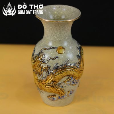 Lọ Hoa Thờ Men Rạn Cổ Đắp Nổi Rồng Vẽ Vàng Bát Tràng DT-LH04 - Chi tiết 1