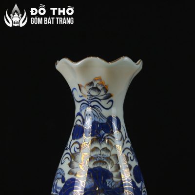 Lọ Hoa Thờ Miệng Lượn Men Lam Vẽ Vàng Họa Tiết Song Ngư Liên Hoa DT-LH02 - Chi tiết 1