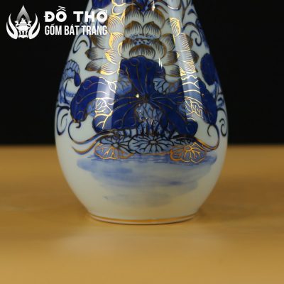 Lọ Hoa Thờ Miệng Lượn Men Lam Vẽ Vàng Họa Tiết Song Ngư Liên Hoa DT-LH02 - Chi tiết 3