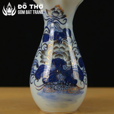 Lọ Hoa Thờ Miệng Lượn Men Lam Vẽ Vàng Họa Tiết Song Ngư Liên Hoa DT-LH02 - Chi tiết 4