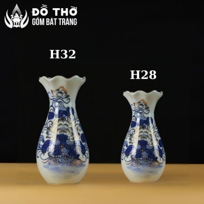 Lọ Hoa Thờ Miệng Lượn Men Lam Vẽ Vàng Họa Tiết Song Ngư Liên Hoa DT-LH02 - Chi tiết 6
