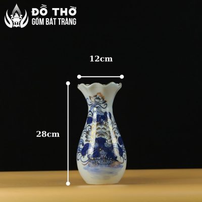 Lọ Hoa Thờ Miệng Lượn Men Lam Vẽ Vàng Họa Tiết Song Ngư Liên Hoa DT-LH02 - Chi tiết 7