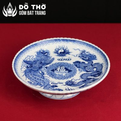 Mâm Bồng Men Lam Họa Tiết Song Long Vẽ Tay Bát Tràng DT-MB02 - Chi tiết 1