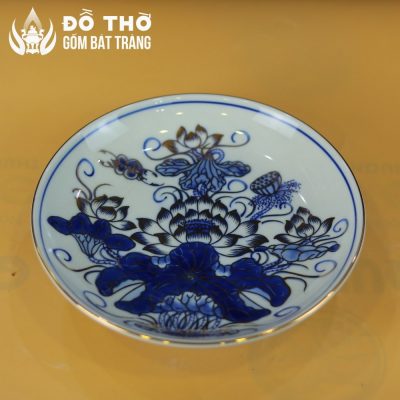 Mâm Bồng Men Lam Vẽ Vàng Họa Tiết Hoa Sen Bát Tràng Cao Cấp DT-MB01 - Chi tiết 7