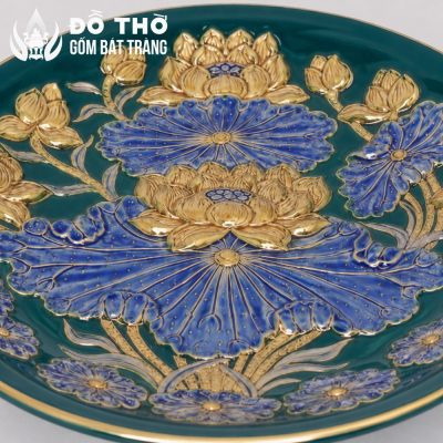 Mâm Bồng Men Xanh Lá Vẽ Vàng Họa Tiết Liên Hoa Cát Tường DT-MB03 - Chi tiết 2