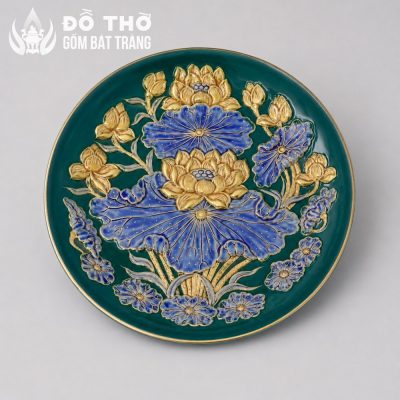 Mâm Bồng Men Xanh Lá Vẽ Vàng Họa Tiết Liên Hoa Cát Tường DT-MB03 - Chi tiết 3