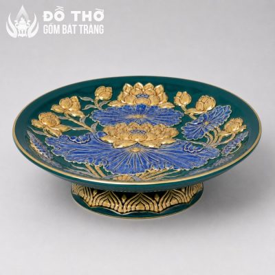 Mâm Bồng Men Xanh Lá Vẽ Vàng Họa Tiết Liên Hoa Cát Tường DT-MB03 - Chi tiết 4