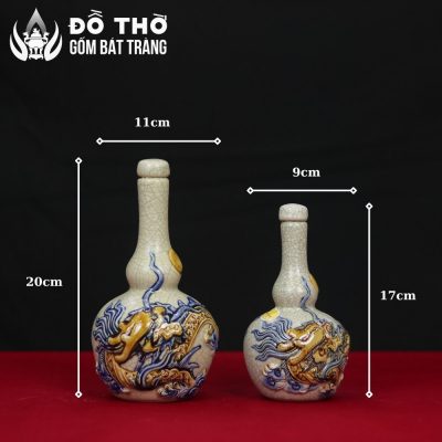 Nậm Rượu Thờ Dáng Hồ Lô Men Rạn Đắp Nổi Lưỡng Long Chầu Nguyệt DT-NR03 - Chi tiết 1