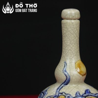 Nậm Rượu Thờ Dáng Hồ Lô Men Rạn Đắp Nổi Lưỡng Long Chầu Nguyệt DT-NR03 - Chi tiết 2
