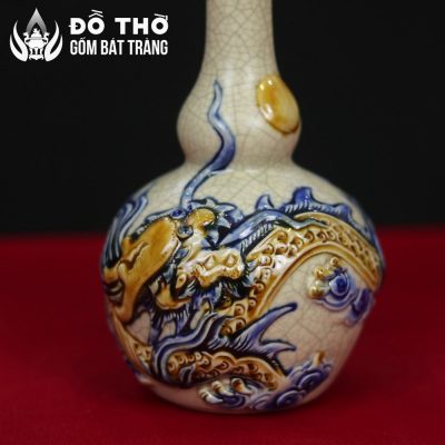 Nậm Rượu Thờ Dáng Hồ Lô Men Rạn Đắp Nổi Lưỡng Long Chầu Nguyệt DT-NR03 - Chi tiết 4