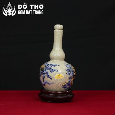 Nậm Rượu Thờ Dáng Hồ Lô Men Rạn Đắp Nổi Lưỡng Long Chầu Nguyệt DT-NR03 - Chi tiết 5