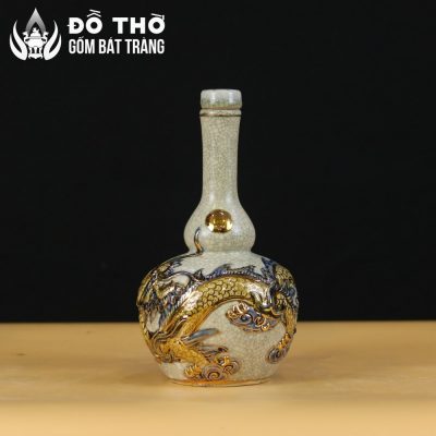 Nậm Rượu Thờ Hồ Lô Men Rạn Đắp Nổi Rồng Vẽ Vàng 24K DT-NR01 - Chi tiết 1