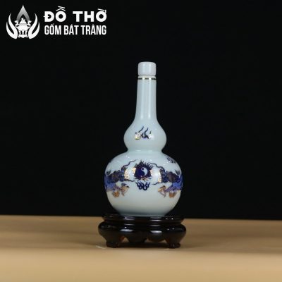 Nậm Rượu Thờ Hồ Lô Men Trắng Vẽ Lam Điểm Vàng Bát Tràng DT-NR04 - Chi tiết 3