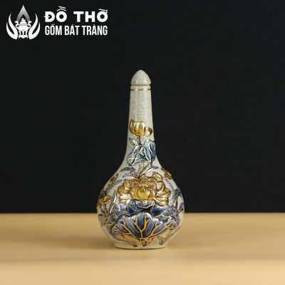 Nậm Rượu Thờ Men Rạn Đắp Nổi Hoa Sen Vẽ Vàng 24K Bát Tràng DT-NR02 - Chi tiết 2