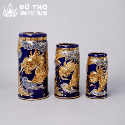 Ống Hương Men Xanh Coban Vẽ Vàng Họa Tiết Rồng Đắp Nổi DT-OH04 - Chi tiết 1